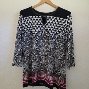 JM Collection 3/4 Sleeve Black and White Geometric Blouse